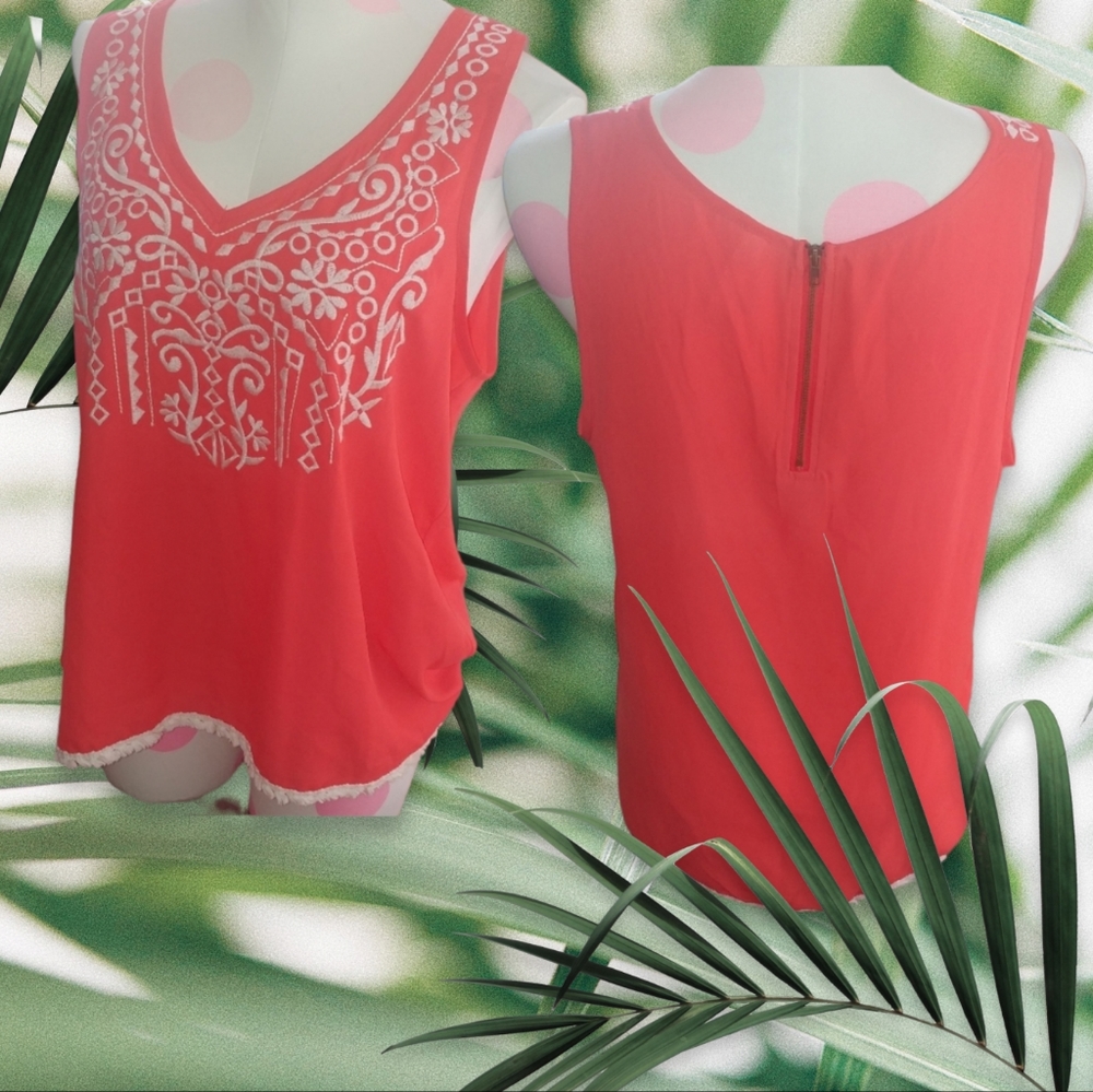 Xhilartion | summer neon vacation V neck zip back coral embroidered top XL - Picture 1 of 8